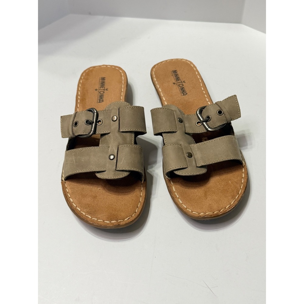 Minnetonka Womens Leather Slide Sandals Taupe Olive Buckle Flat 71652 Size 9